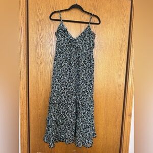 Elegant Black with Blue & White Floral Midi Dress